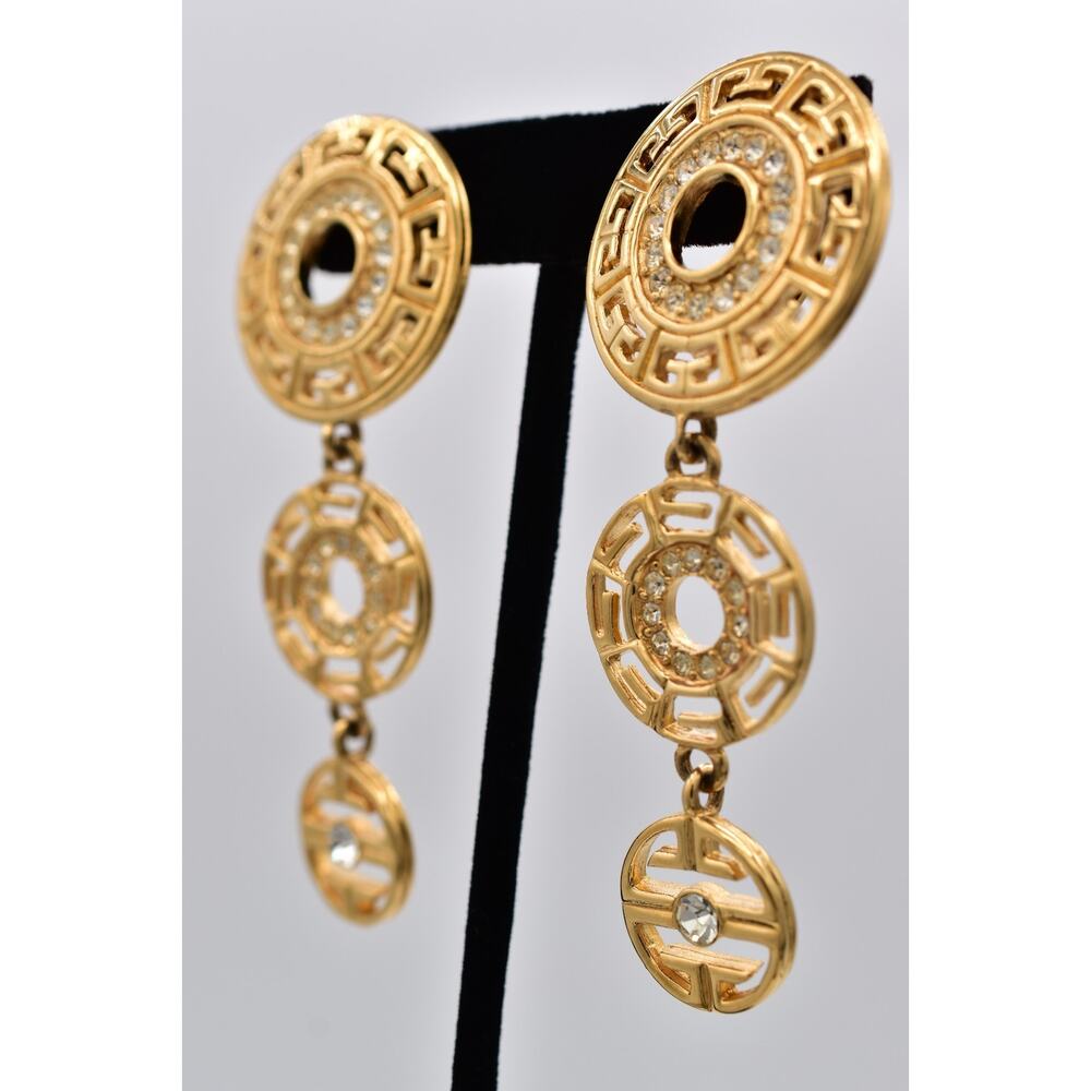 Givenchy Vintage Runway Logo Drop Clip On Earrings Gold Rhinestone Dangle Bin5 - Picture 2 of 12